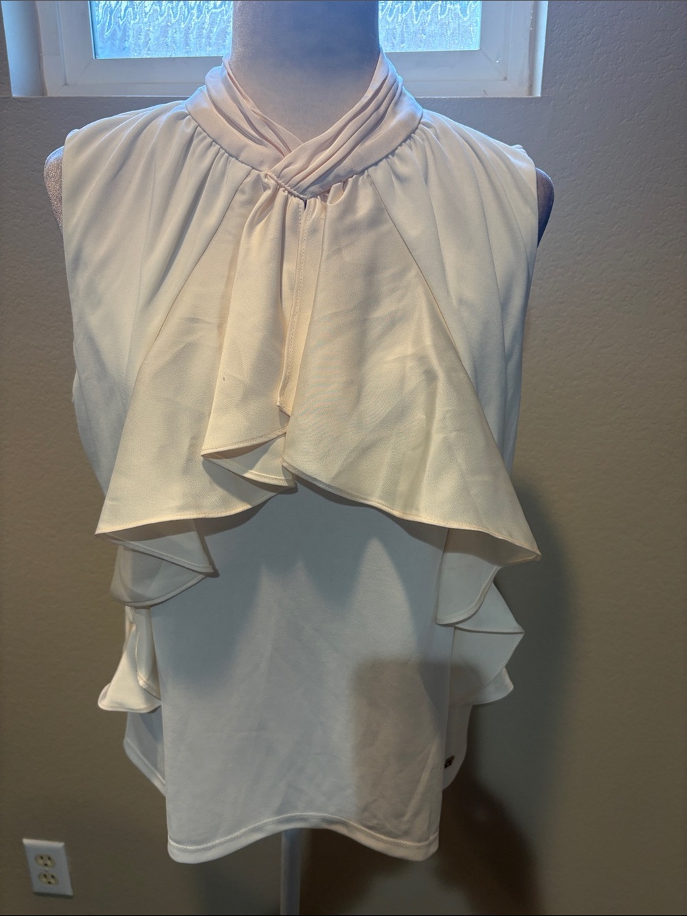 BCBG Cream Ruffled Sleeveless Top with High neck-Size L